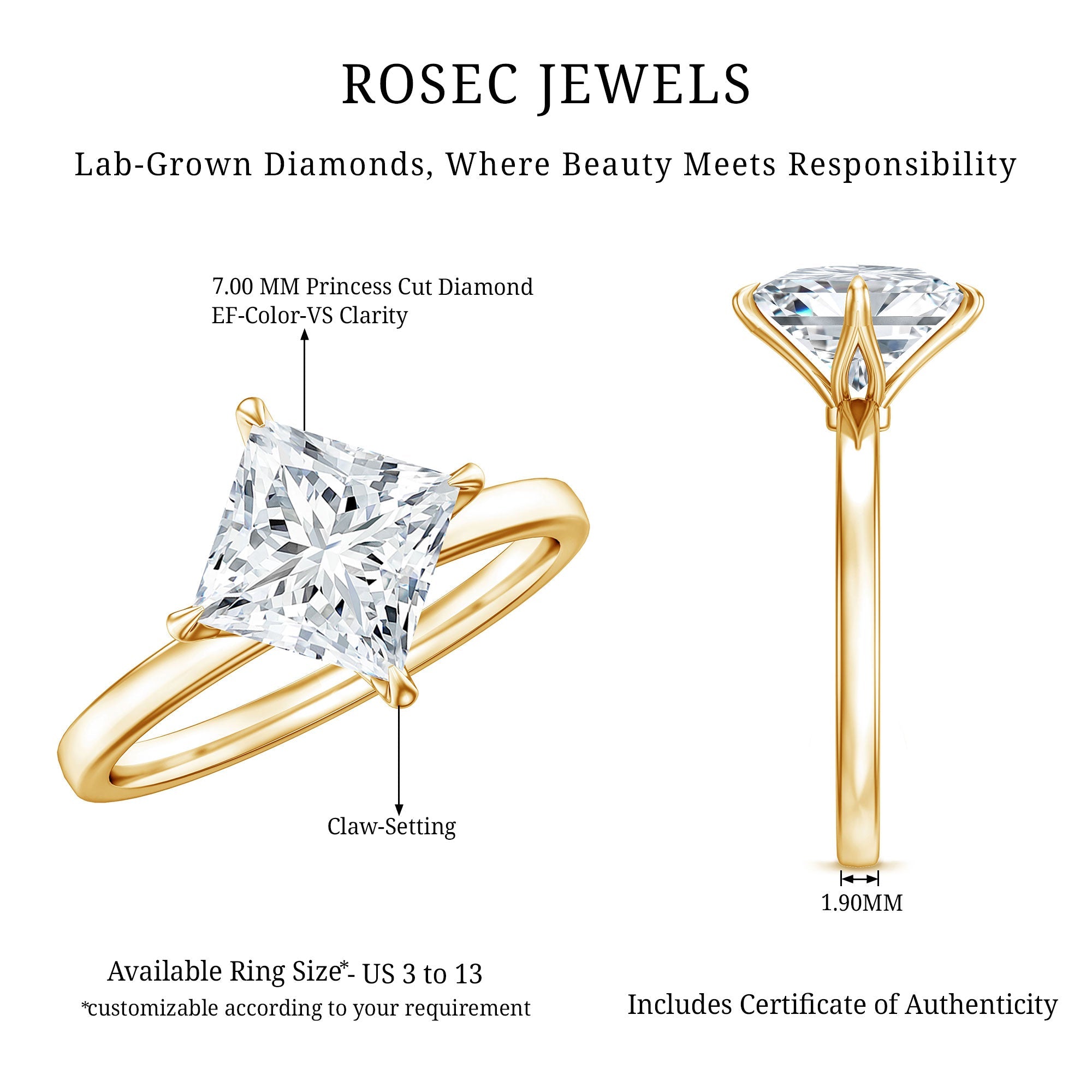 Solitaire 2 Carat Lab Grown Diamond Princess Cut Engagement Ring IGI Certified