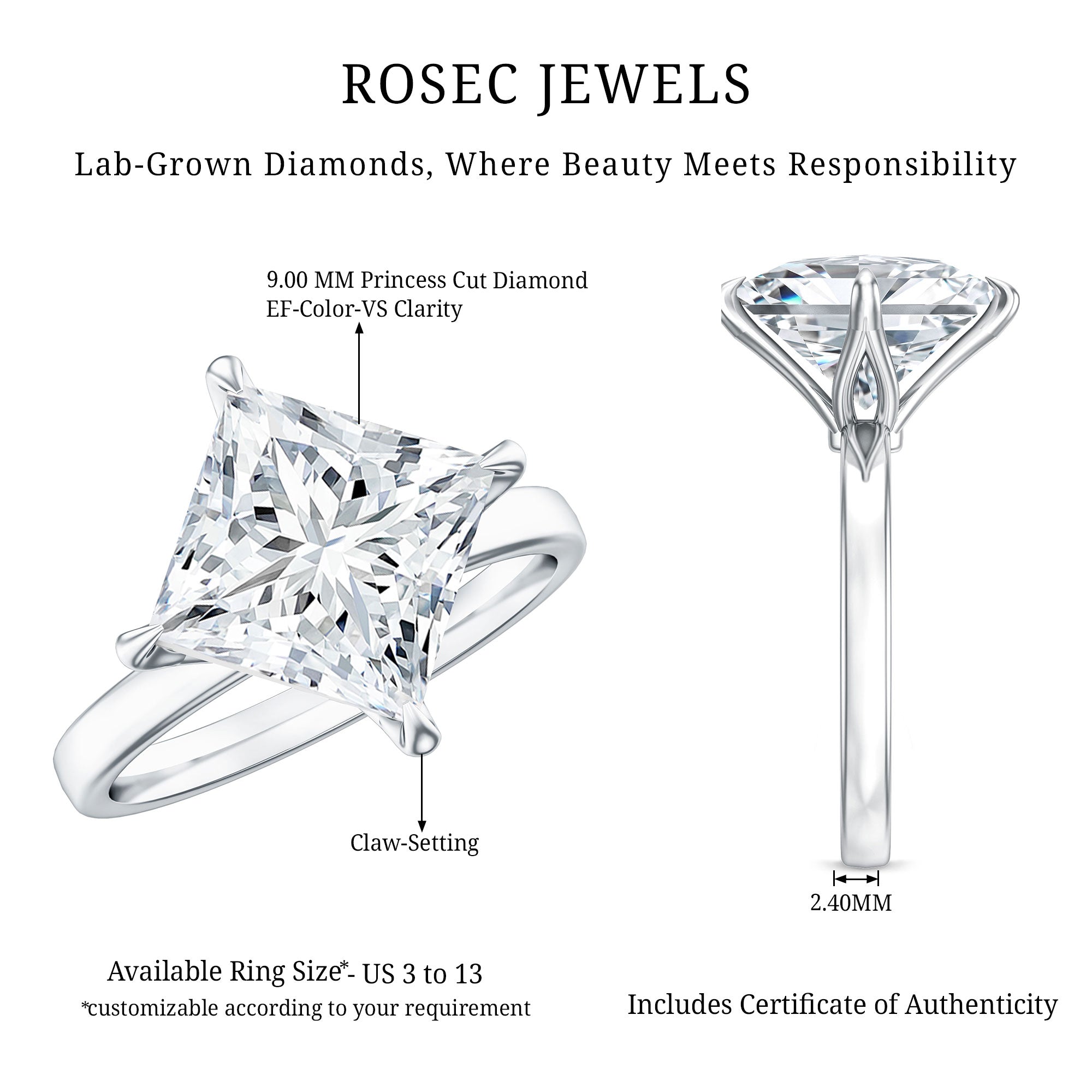 IGI Certified 4 Carat Princess Cut Lab Grown Diamond Engagement Ring