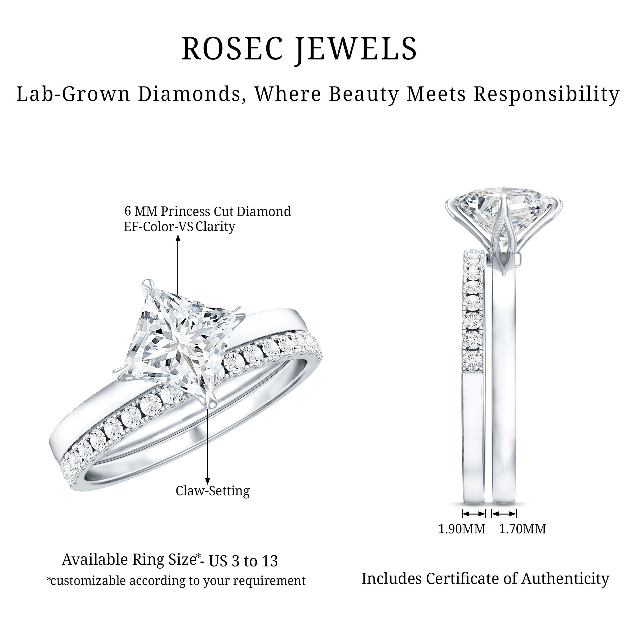 IGI Certified 1 Carat Lab Grown Diamond Princess Cut Bridal Ring Set