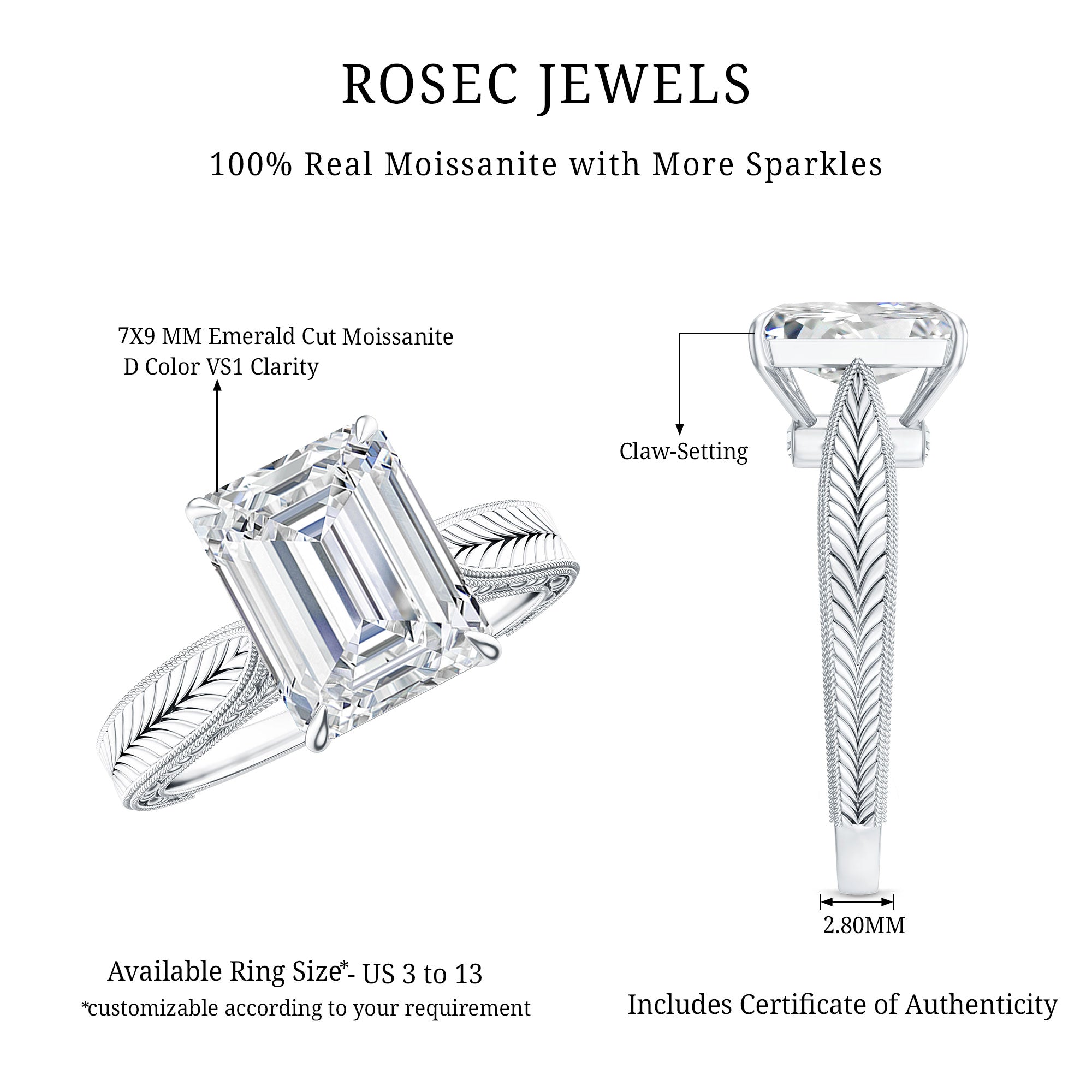 Ethically Sourced 3 Carat Lab Grown Diamond Emerald Cut Engagement Ring IGI Certified