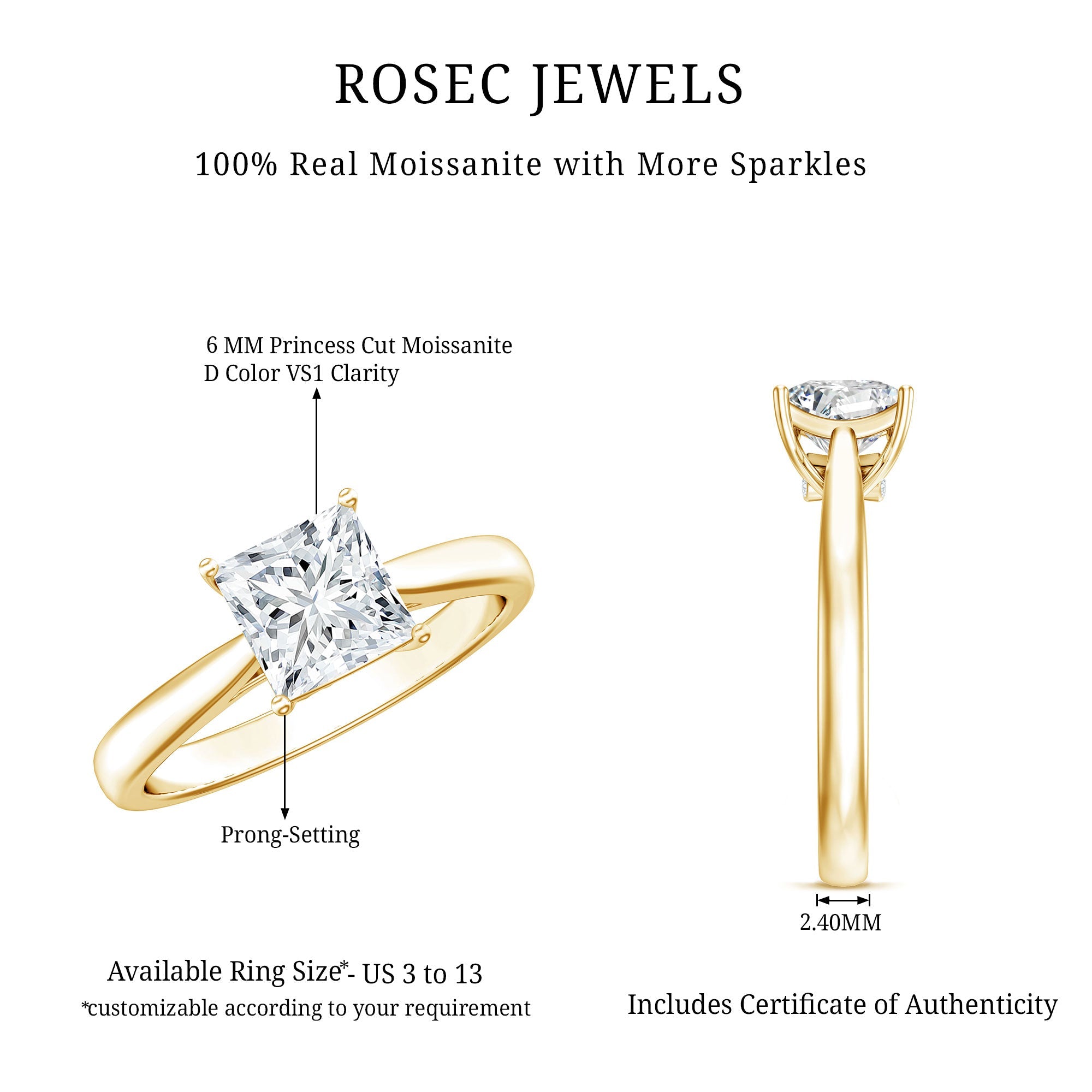 Solitaire 2 Carat Lab Created Diamond Princess Cut Engagement Ring IGI Certified