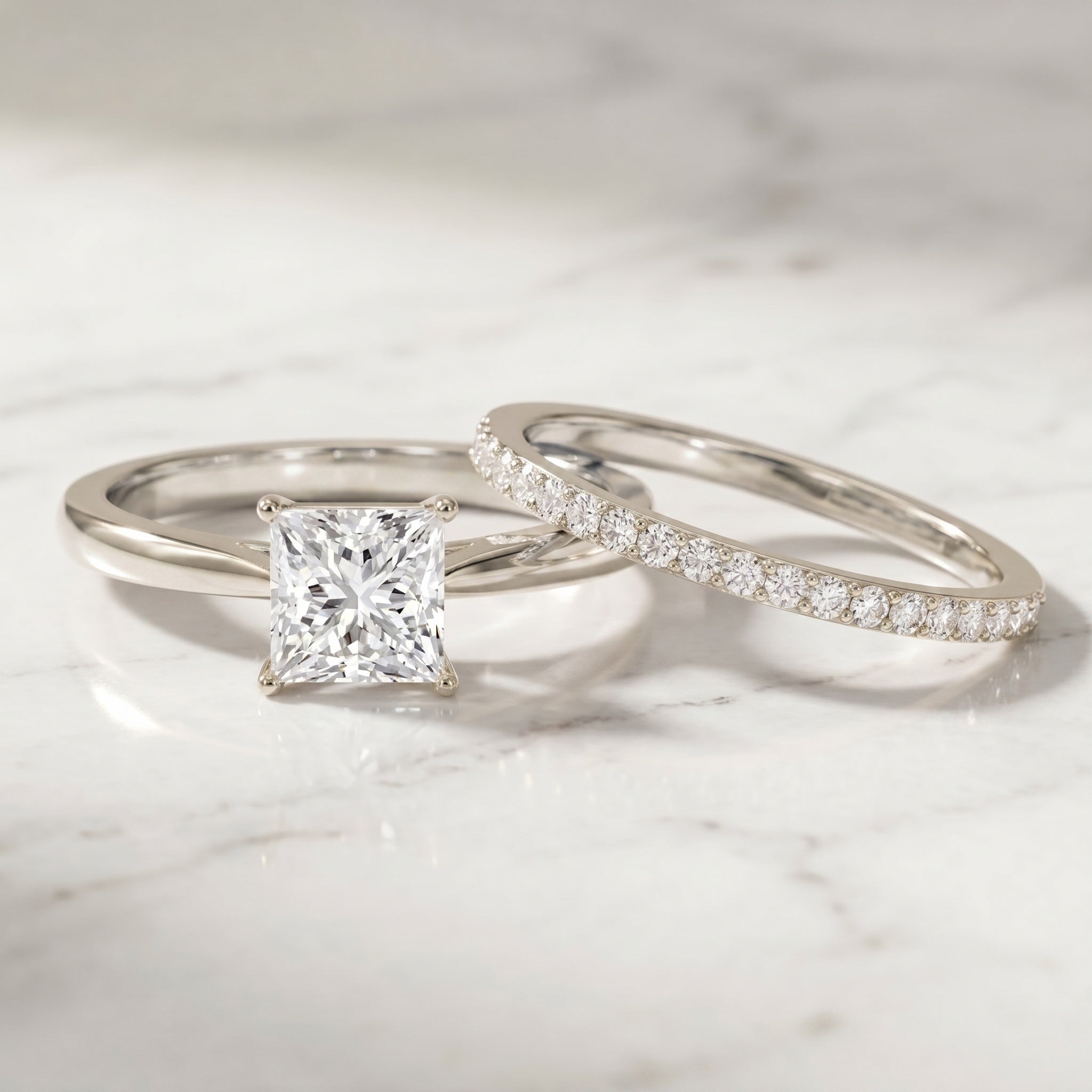 IGI Certified 1 Carat Princess Cut Lab Grown Diamond Solitaire Bridal Ring Set