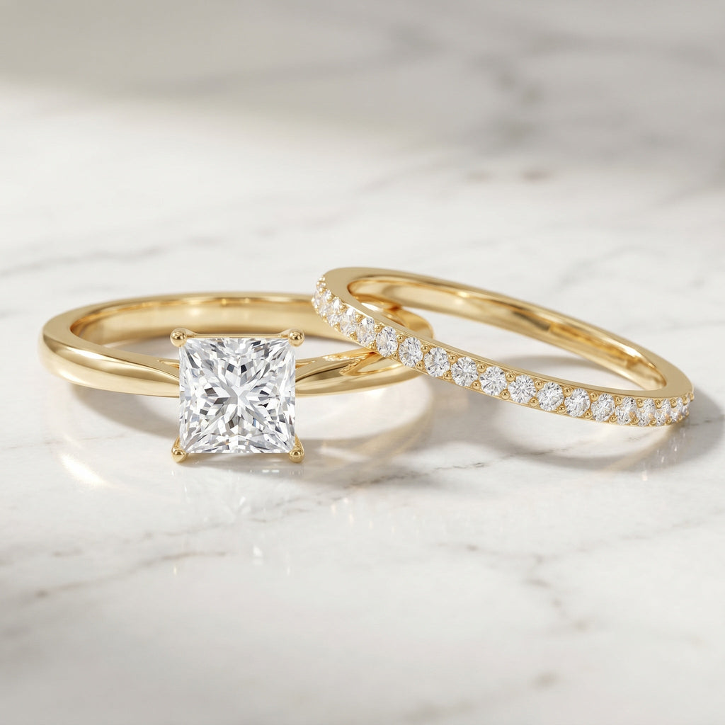 IGI Certified 1 Carat Princess Cut Lab Grown Diamond Solitaire Bridal Ring Set