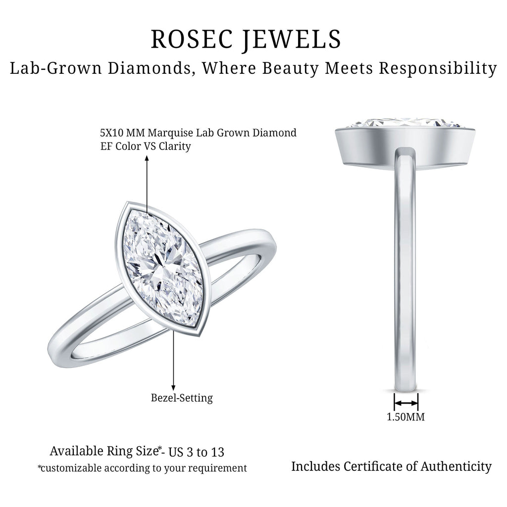 IGI Certified 1 Carat Marquise Lab Grown Diamond Engagement Ring in Bezel Setting