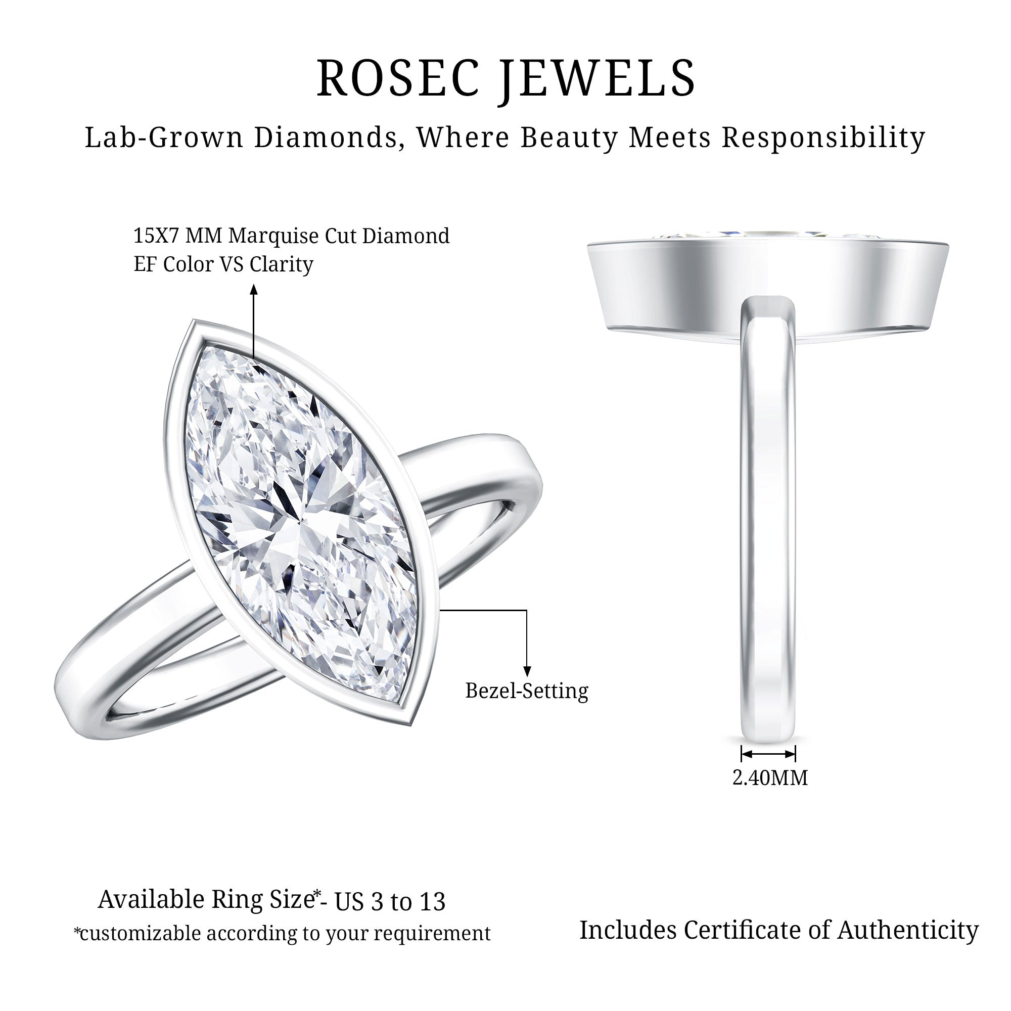 IGI Certified 3 Carat Solitaire Lab Grown Diamond Marquise Cut Engagement Ring