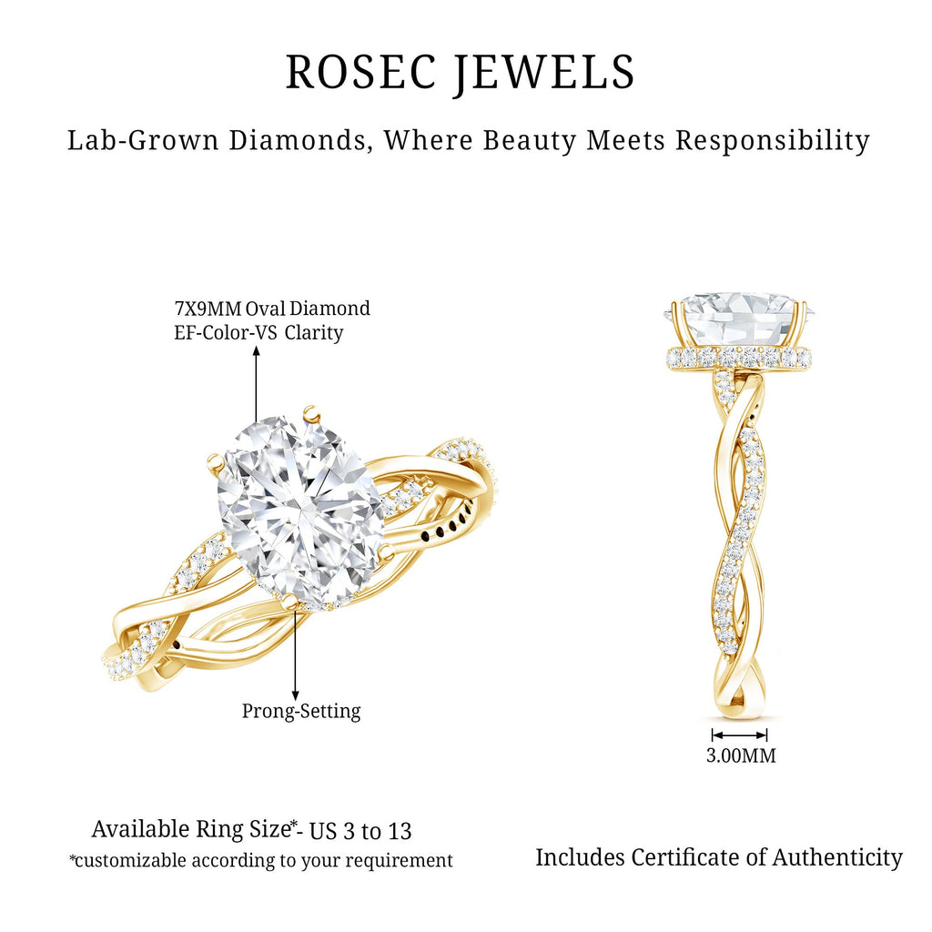 IGI Certified 2 Carat Lab Grown Diamond Oval Hidden Halo Engagement Ring with Braided Band