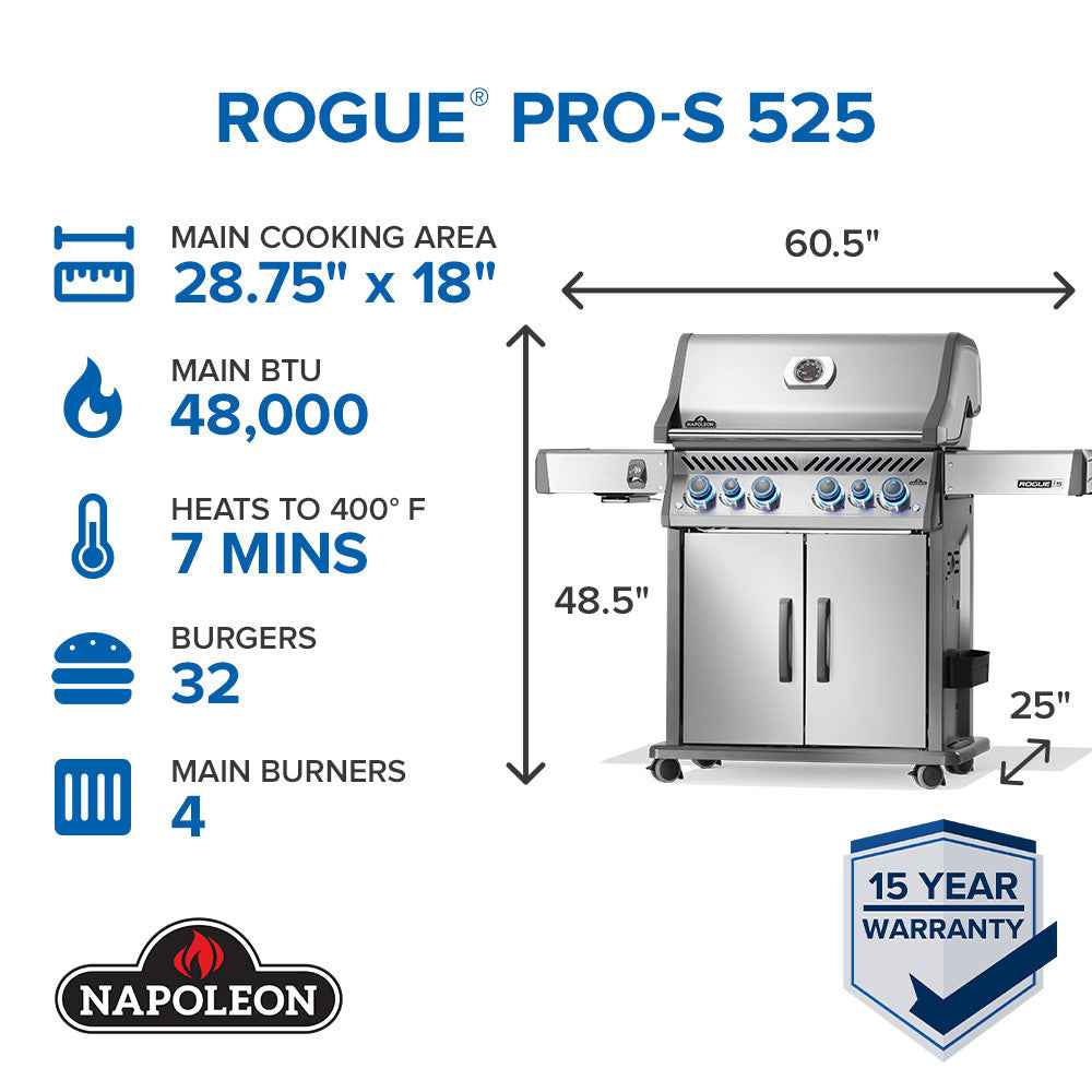Parrilla a gas Patio Elegance Rogue PRO‑S 525 RSIB con quemadores laterales y traseros infrarrojos