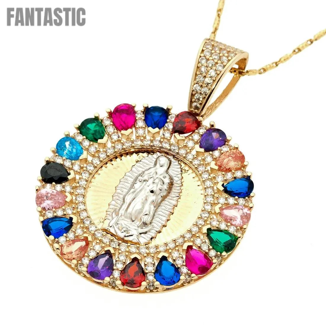 Colgante virgen de Guadalupe de forma redonda con piedras de colores | Oro de 14K con circonita