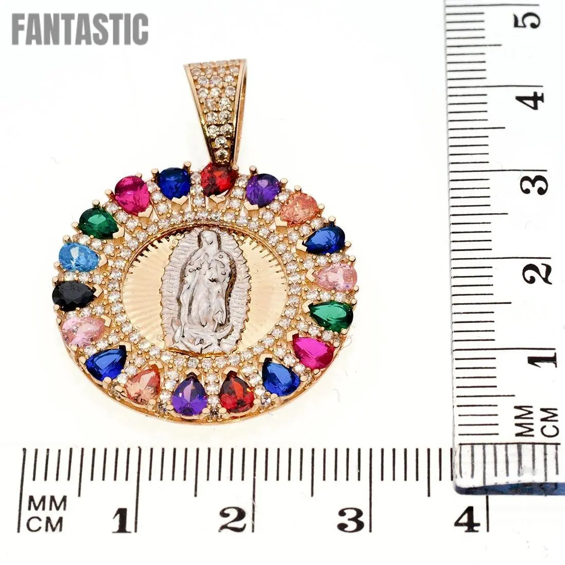 Colgante virgen de Guadalupe de forma redonda con piedras de colores | Oro de 14K con circonita