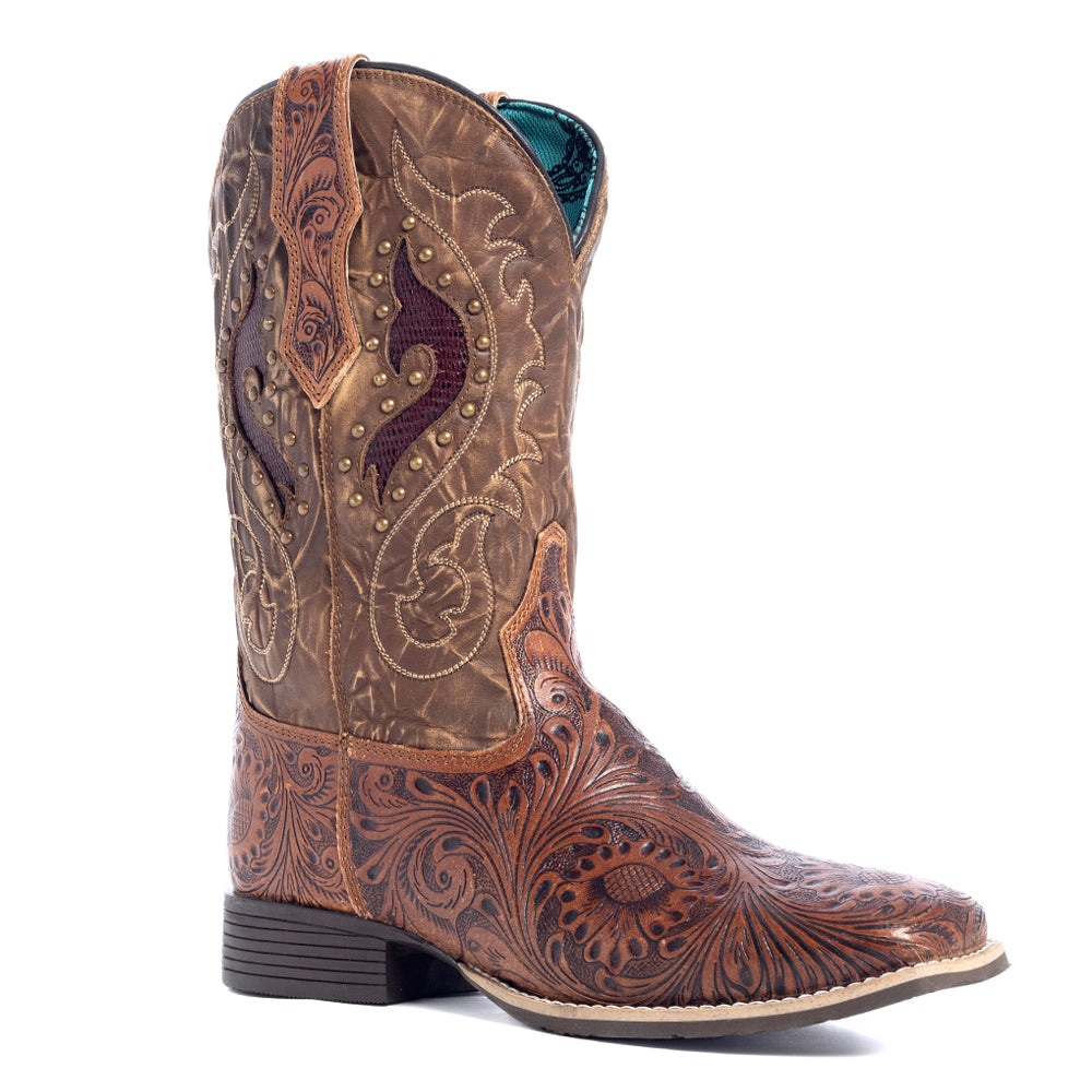 Botas de cuero hechas a mano Myra Gianna para mujer, tacón medio, estilo western, con tachuelas y diseños florales bordados