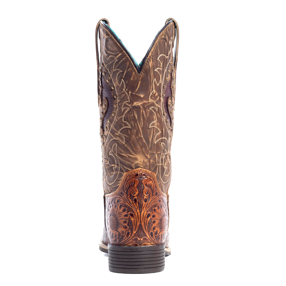 Botas de cuero hechas a mano Myra Gianna para mujer, tacón medio, estilo western, con tachuelas y diseños florales bordados