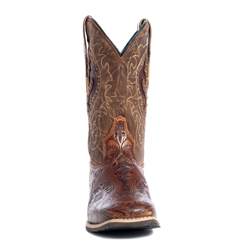 Botas de cuero hechas a mano Myra Gianna para mujer, tacón medio, estilo western, con tachuelas y diseños florales bordados