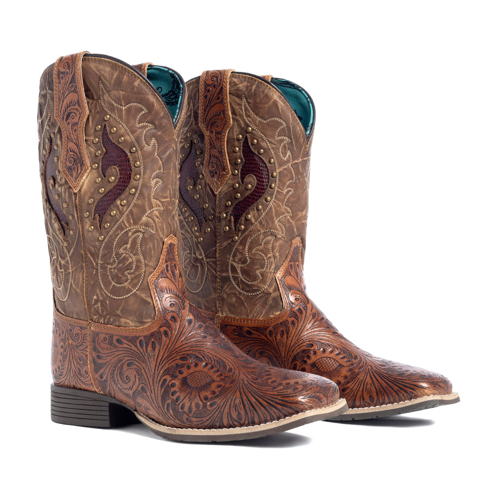 Botas de cuero hechas a mano Myra Gianna para mujer, tacón medio, estilo western, con tachuelas y diseños florales bordados