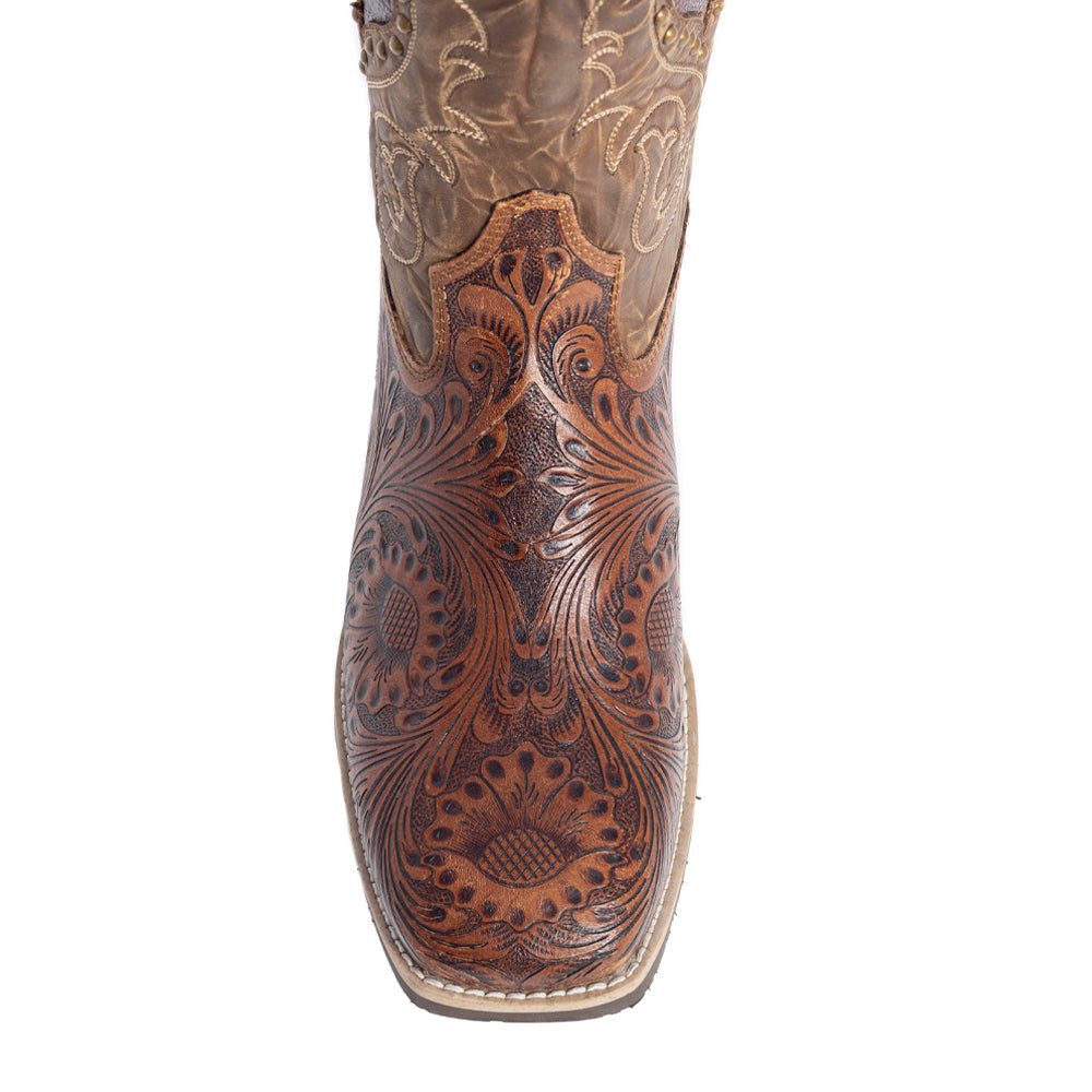 Botas de cuero hechas a mano Myra Gianna para mujer, tacón medio, estilo western, con tachuelas y diseños florales bordados