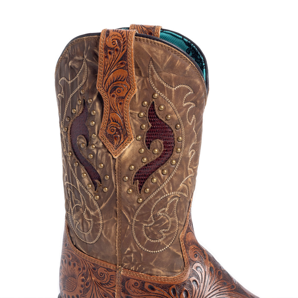 Botas de cuero hechas a mano Myra Gianna para mujer, tacón medio, estilo western, con tachuelas y diseños florales bordados
