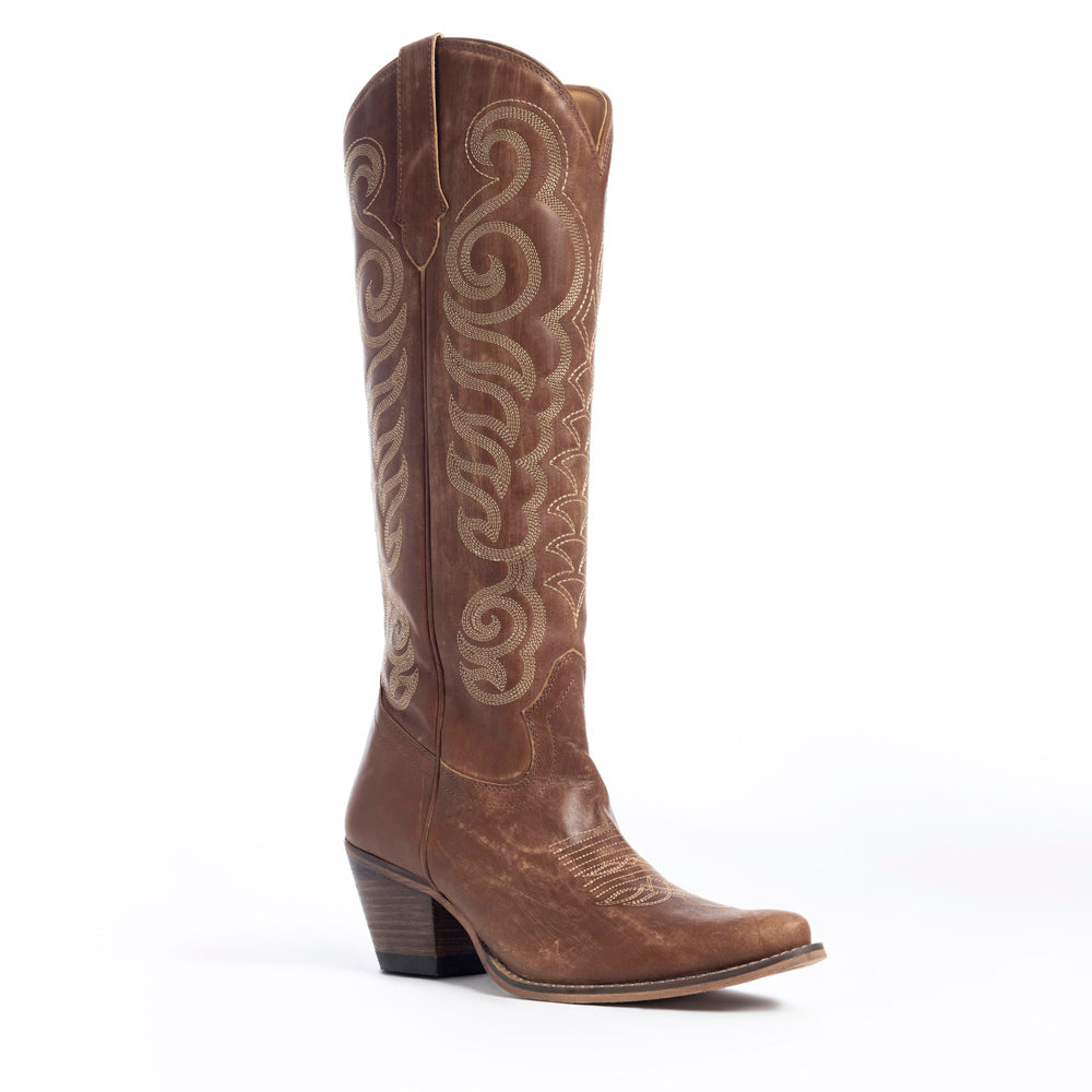 Botas de cuero marrón Myra Nalejandra Moca para mujer - Botas vaqueras altas bordadas con tacón y puntera puntiaguda para un estilo campestre festivo