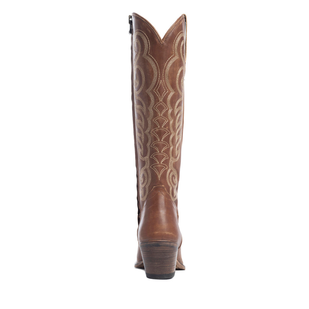 Botas de cuero marrón Myra Nalejandra Moca para mujer - Botas vaqueras altas bordadas con tacón y puntera puntiaguda para un estilo campestre festivo
