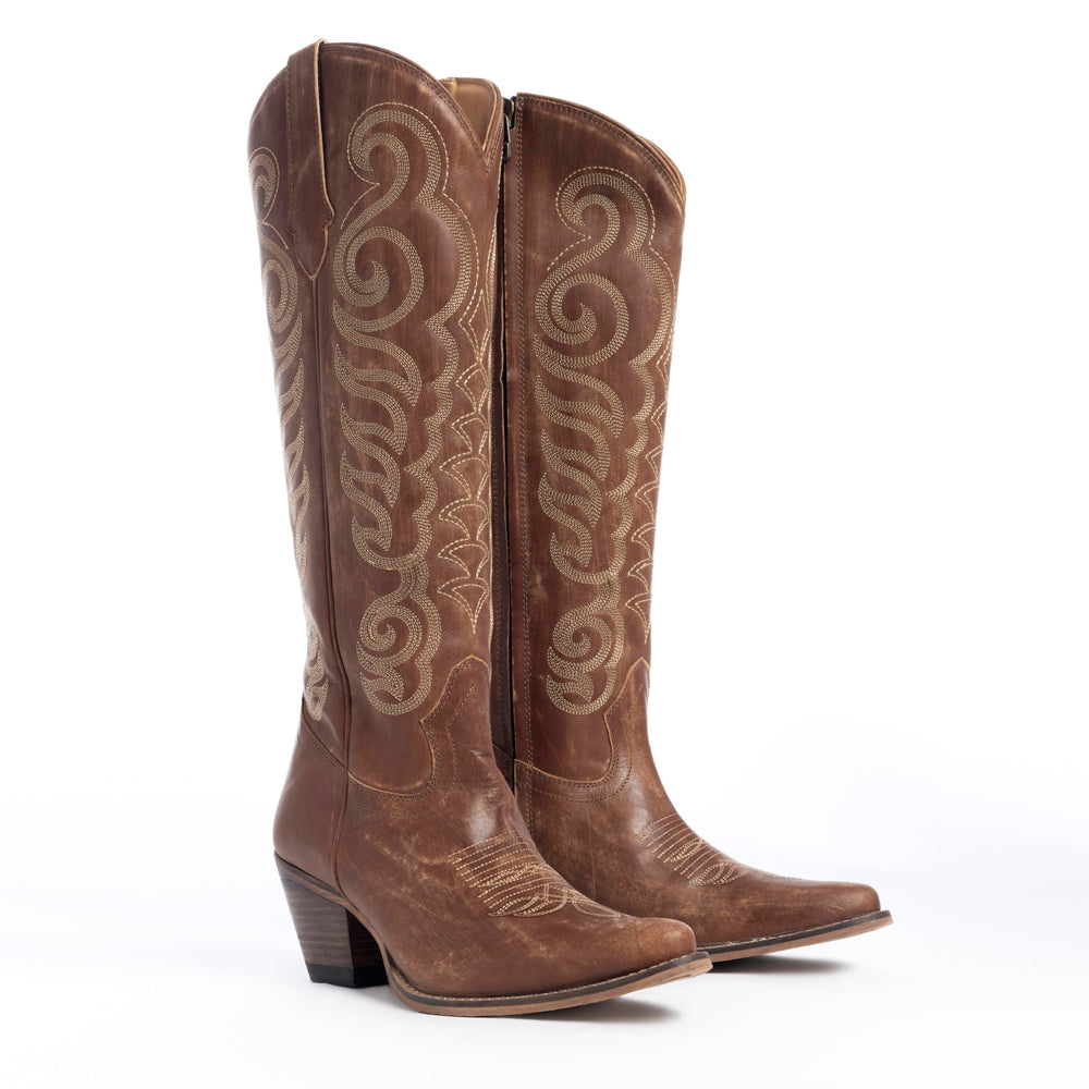 Botas de cuero marrón Myra Nalejandra Moca para mujer - Botas vaqueras altas bordadas con tacón y puntera puntiaguda para un estilo campestre festivo
