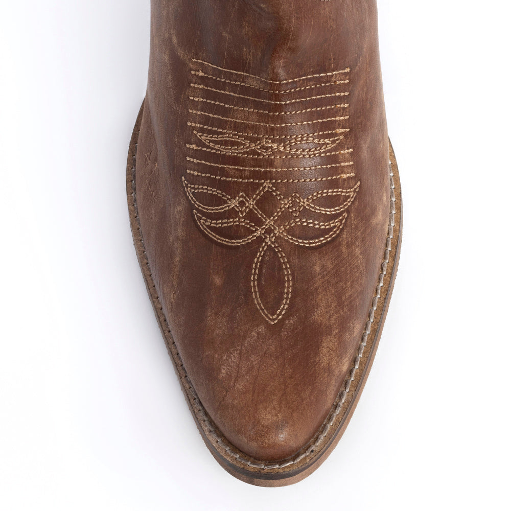 Botas de cuero marrón Myra Nalejandra Moca para mujer - Botas vaqueras altas bordadas con tacón y puntera puntiaguda para un estilo campestre festivo