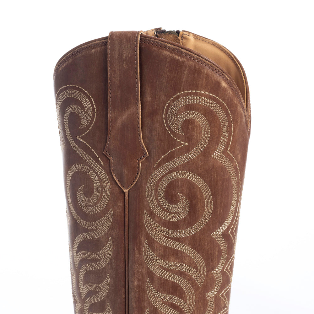 Botas de cuero marrón Myra Nalejandra Moca para mujer - Botas vaqueras altas bordadas con tacón y puntera puntiaguda para un estilo campestre festivo