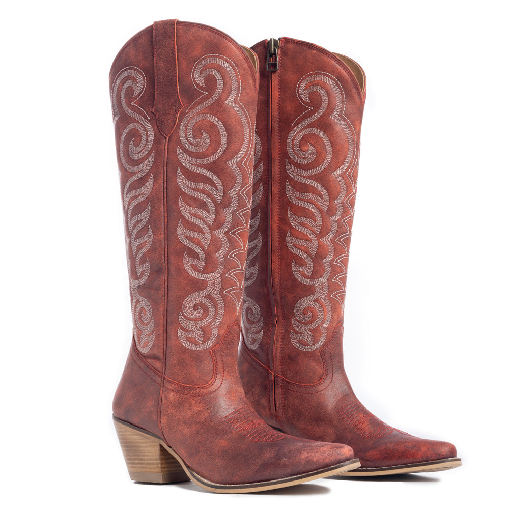 Botas de cuero Myra Nalejandra para mujer – Costuras estilo espiral del oeste, tacón bajo para estilo campestre y comodidad diaria
