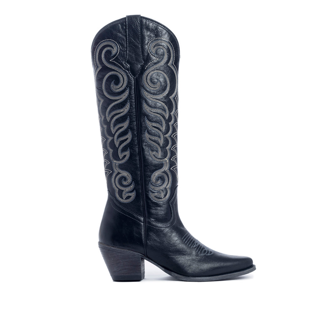 Botas de piel negras Myra Nalejandra para mujer - Botas de tacón alto estilo cowboy bordadas con punta en pico para un estilo festivo campestre