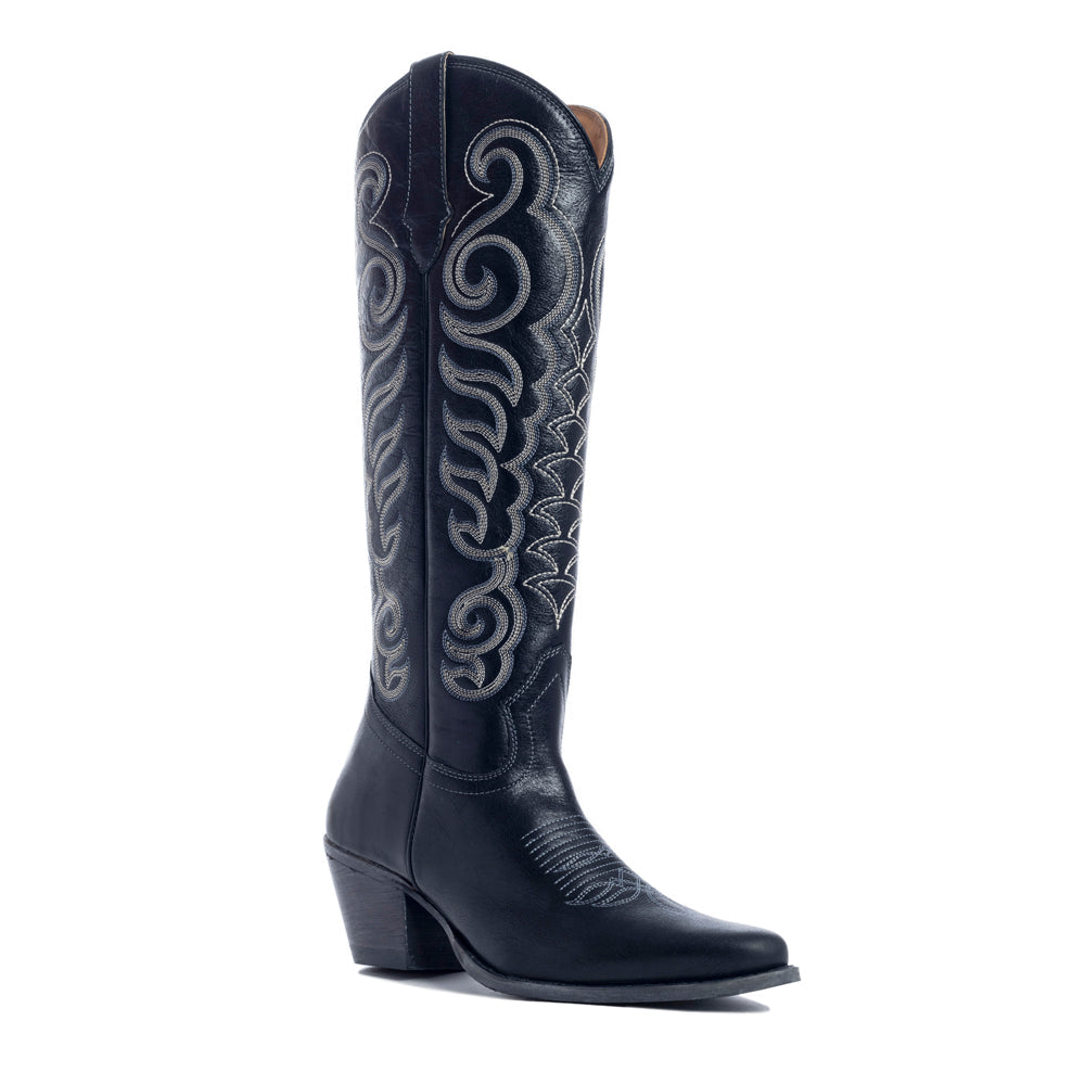 Botas de piel negras Myra Nalejandra para mujer - Botas de tacón alto estilo cowboy bordadas con punta en pico para un estilo festivo campestre
