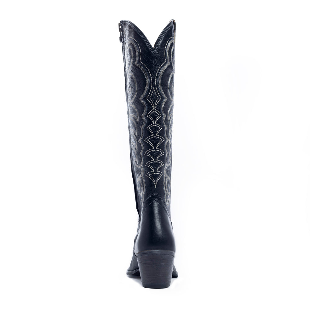 Botas de piel negras Myra Nalejandra para mujer - Botas de tacón alto estilo cowboy bordadas con punta en pico para un estilo festivo campestre