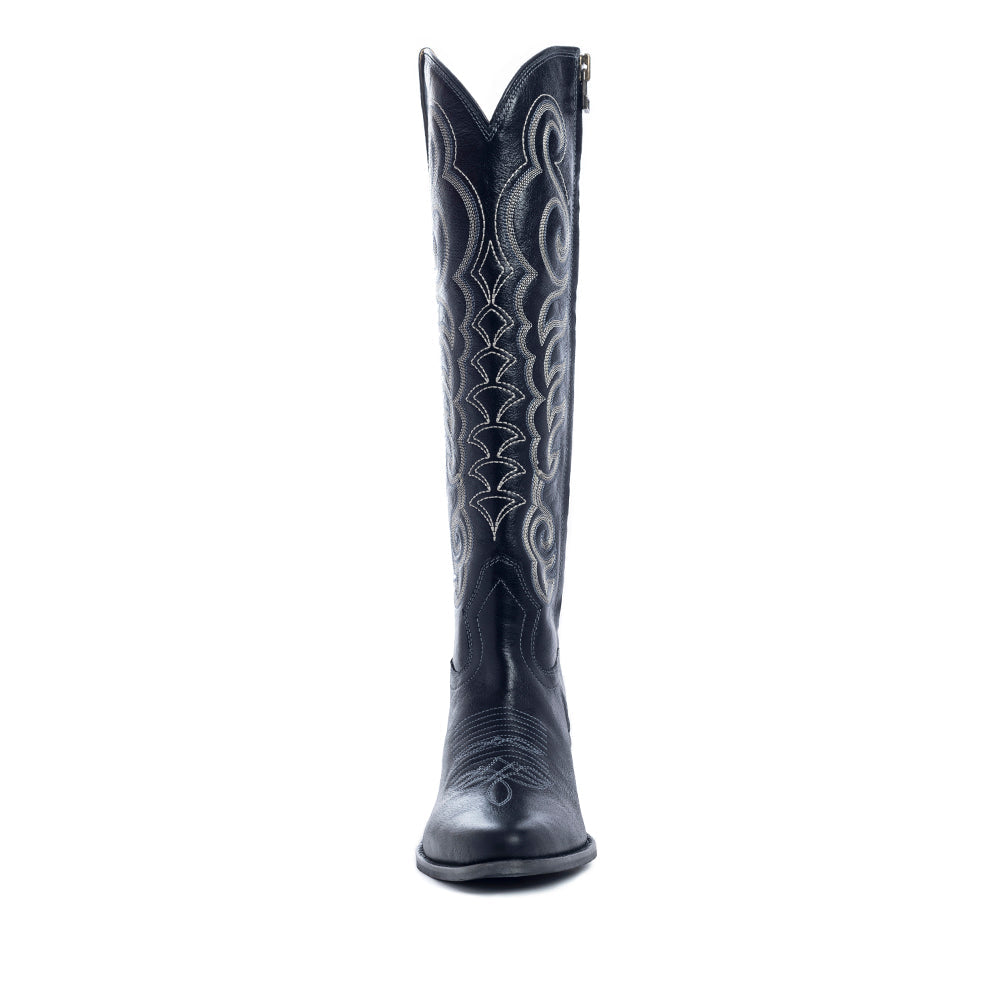Botas de piel negras Myra Nalejandra para mujer - Botas de tacón alto estilo cowboy bordadas con punta en pico para un estilo festivo campestre