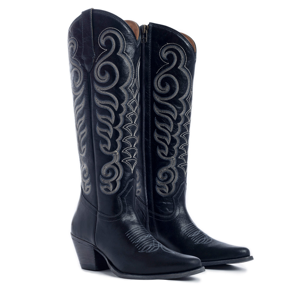 Botas de piel negras Myra Nalejandra para mujer - Botas de tacón alto estilo cowboy bordadas con punta en pico para un estilo festivo campestre