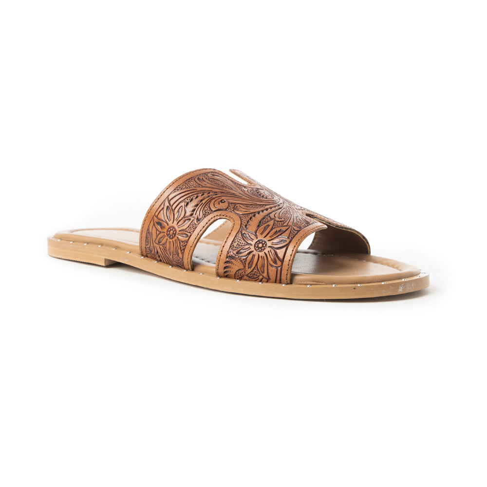 Sandalias sin cordones de cuero repujado Myra Carmina Anne Tan para mujer – Sandalias tipo mule western con recortes en forma de H y adornos de tachuelas