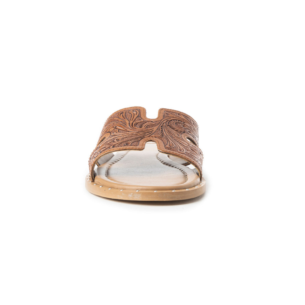 Sandalias sin cordones de cuero repujado Myra Carmina Anne Tan para mujer – Sandalias tipo mule western con recortes en forma de H y adornos de tachuelas