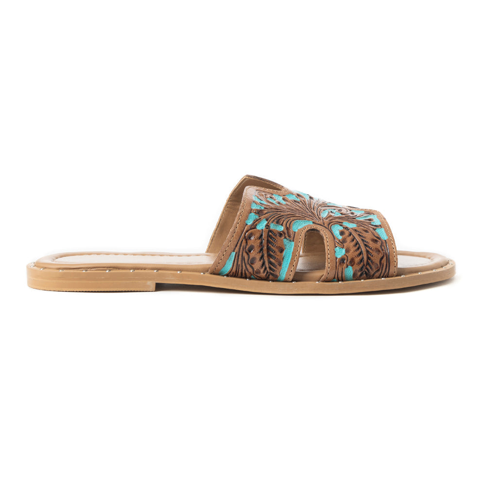 Sandalias Myra Carmina de piel con relieve azul sin cordones para mujer – Chanclas estilo western con corte en H y adornos de tachuelas