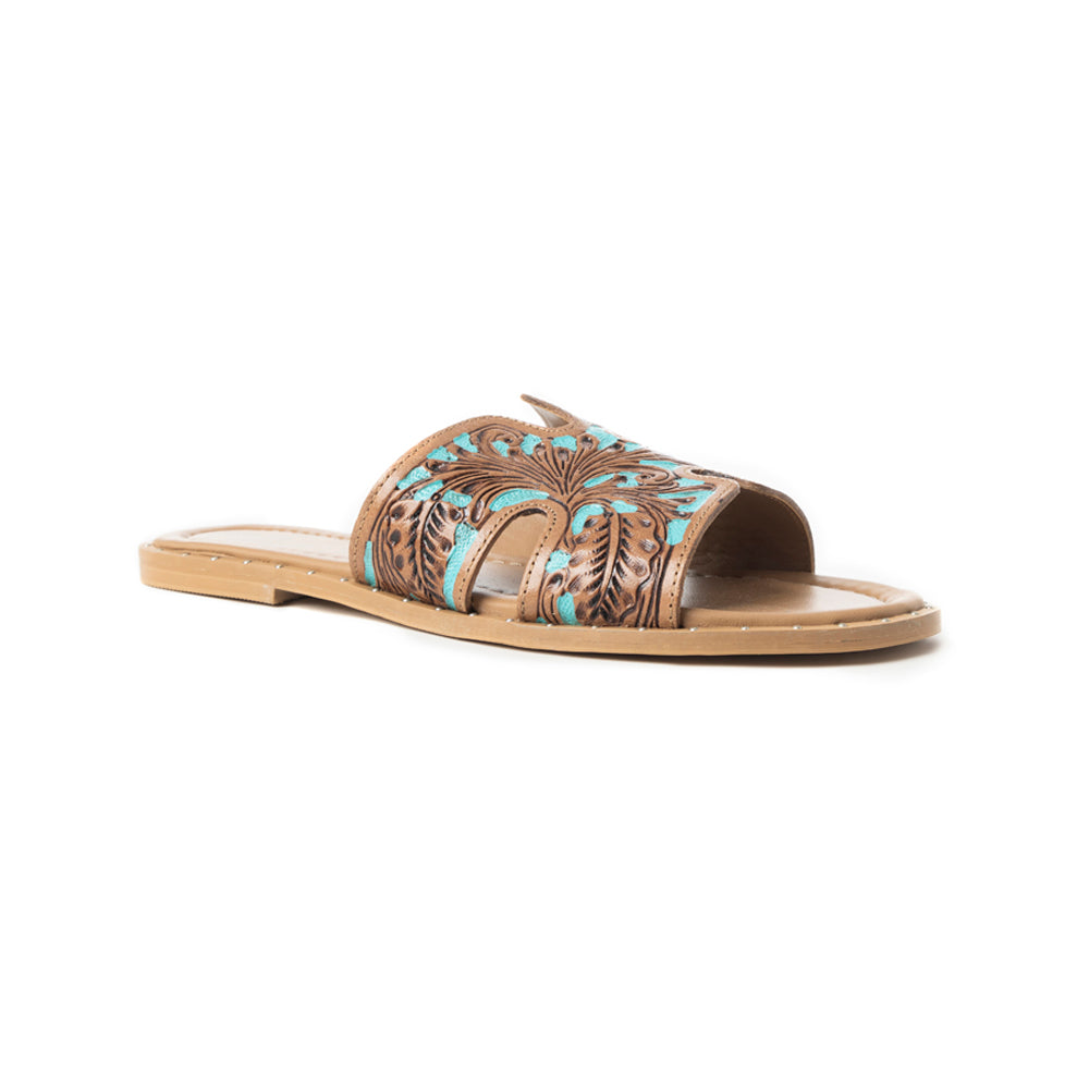 Sandalias Myra Carmina de piel con relieve azul sin cordones para mujer – Chanclas estilo western con corte en H y adornos de tachuelas
