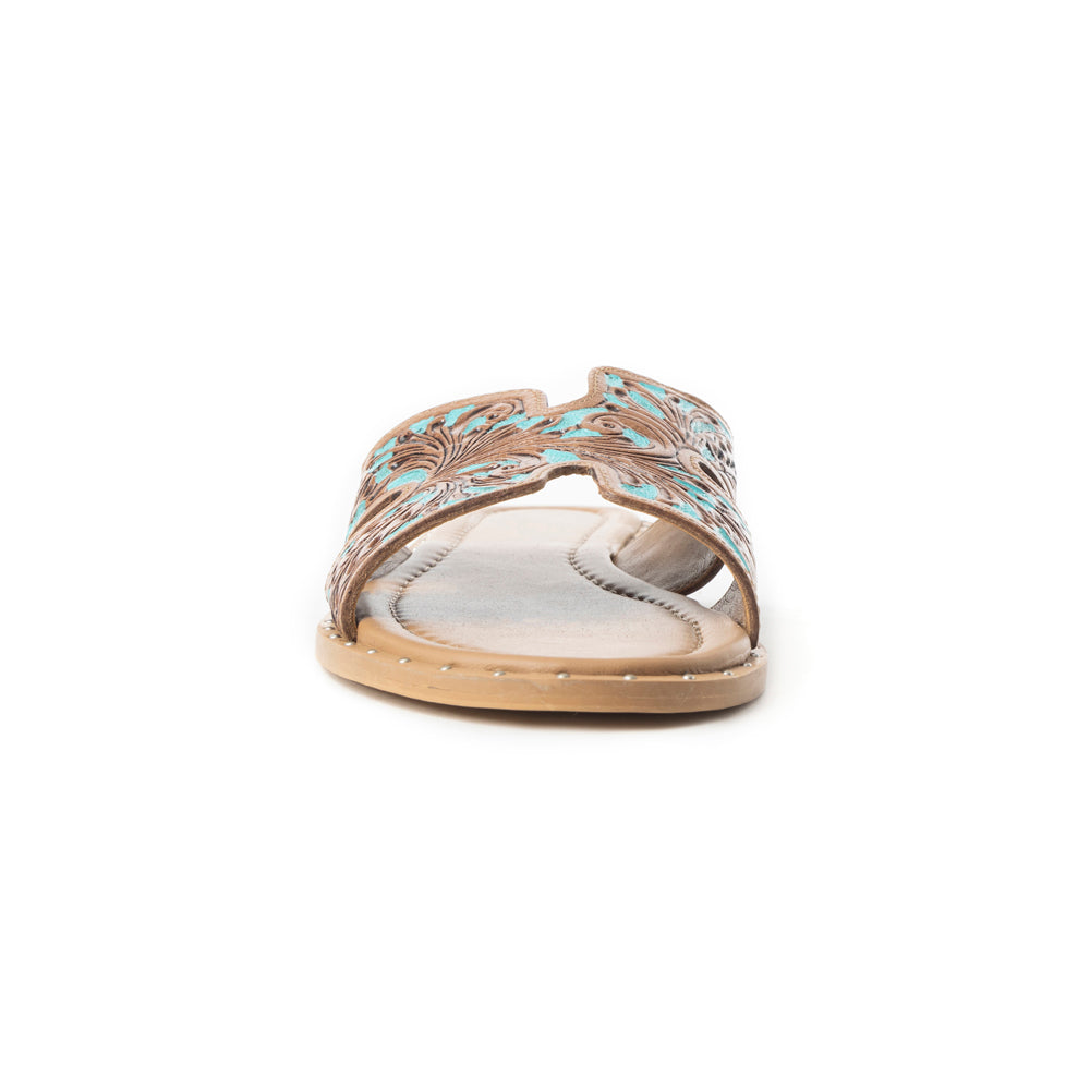 Sandalias Myra Carmina de piel con relieve azul sin cordones para mujer – Chanclas estilo western con corte en H y adornos de tachuelas