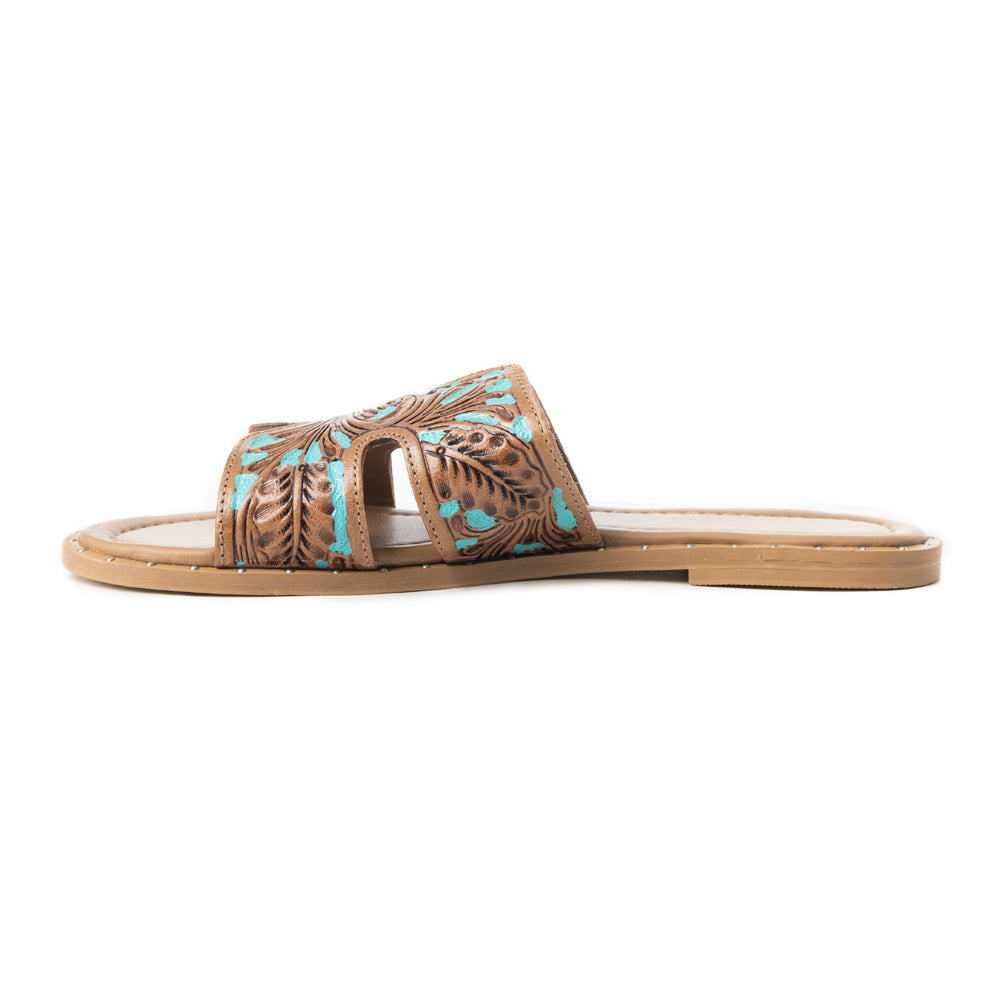 Sandalias Myra Carmina de piel con relieve azul sin cordones para mujer – Chanclas estilo western con corte en H y adornos de tachuelas