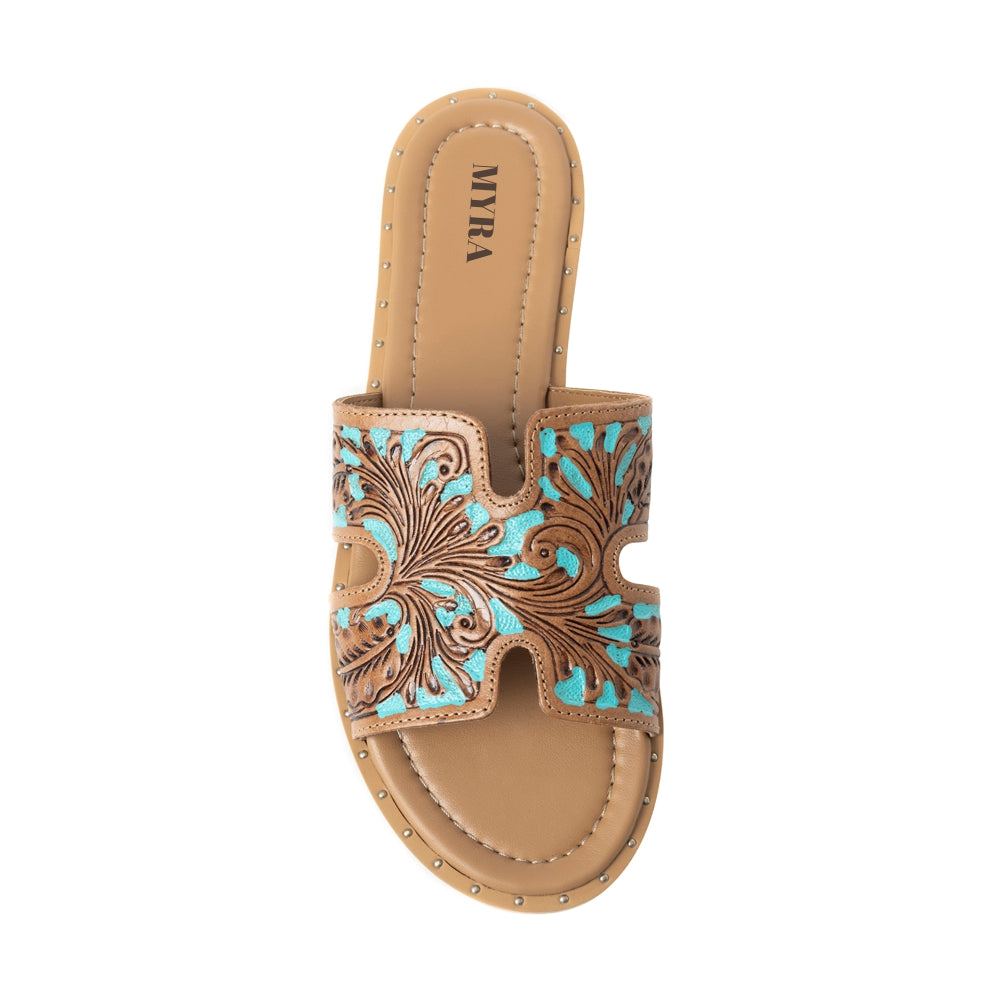 Sandalias Myra Carmina de piel con relieve azul sin cordones para mujer – Chanclas estilo western con corte en H y adornos de tachuelas