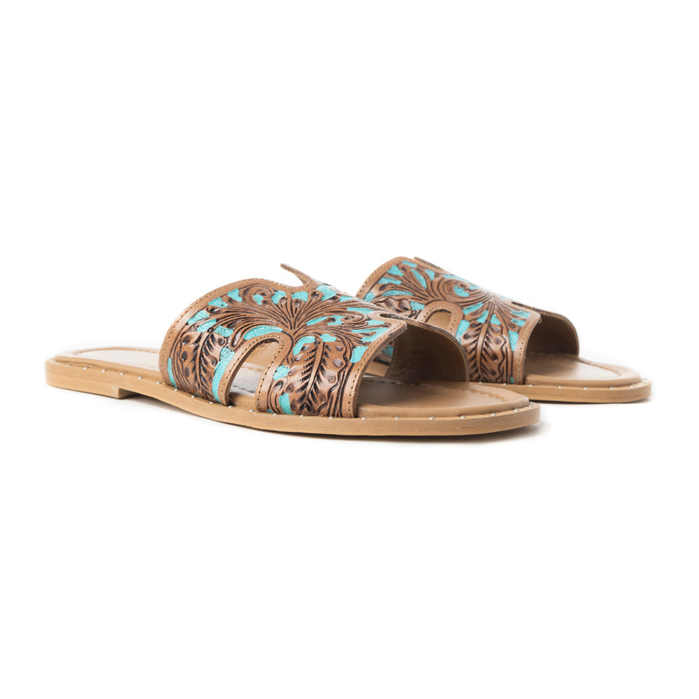 Sandalias Myra Carmina de piel con relieve azul sin cordones para mujer – Chanclas estilo western con corte en H y adornos de tachuelas
