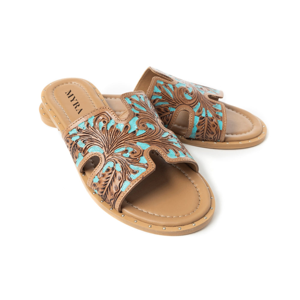 Sandalias Myra Carmina de piel con relieve azul sin cordones para mujer – Chanclas estilo western con corte en H y adornos de tachuelas
