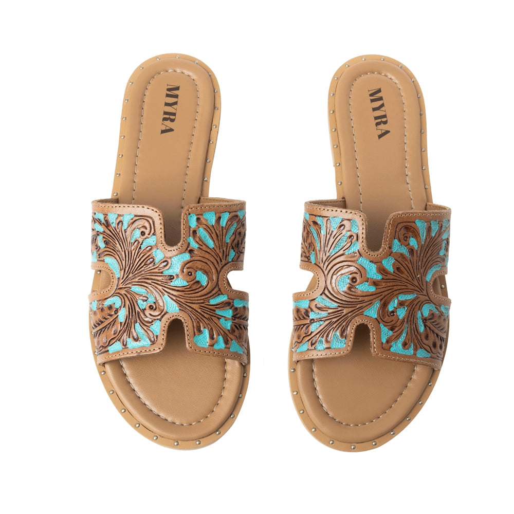 Sandalias Myra Carmina de piel con relieve azul sin cordones para mujer – Chanclas estilo western con corte en H y adornos de tachuelas
