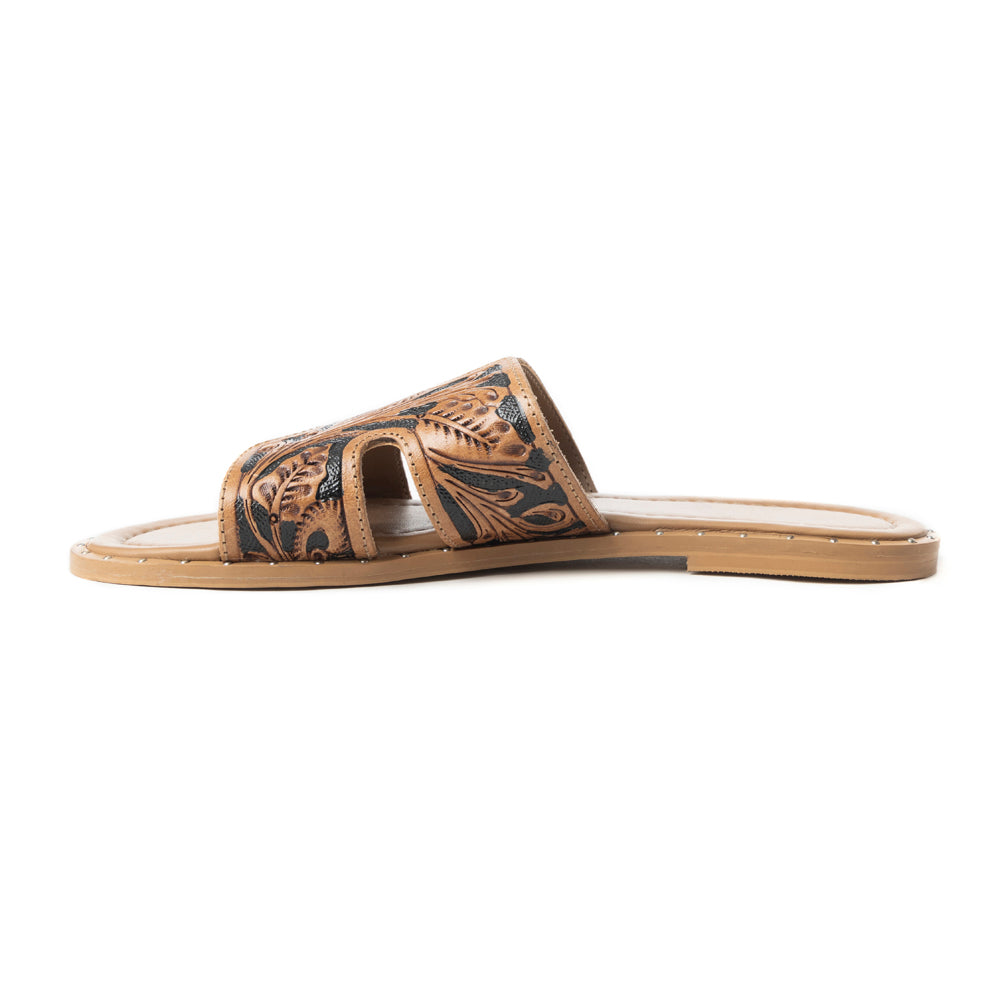 Myra Carmina Anne Dark Embossed Leather Slip-On Sandals for Women â€“ Western H-Cut Slides with Studded Trim