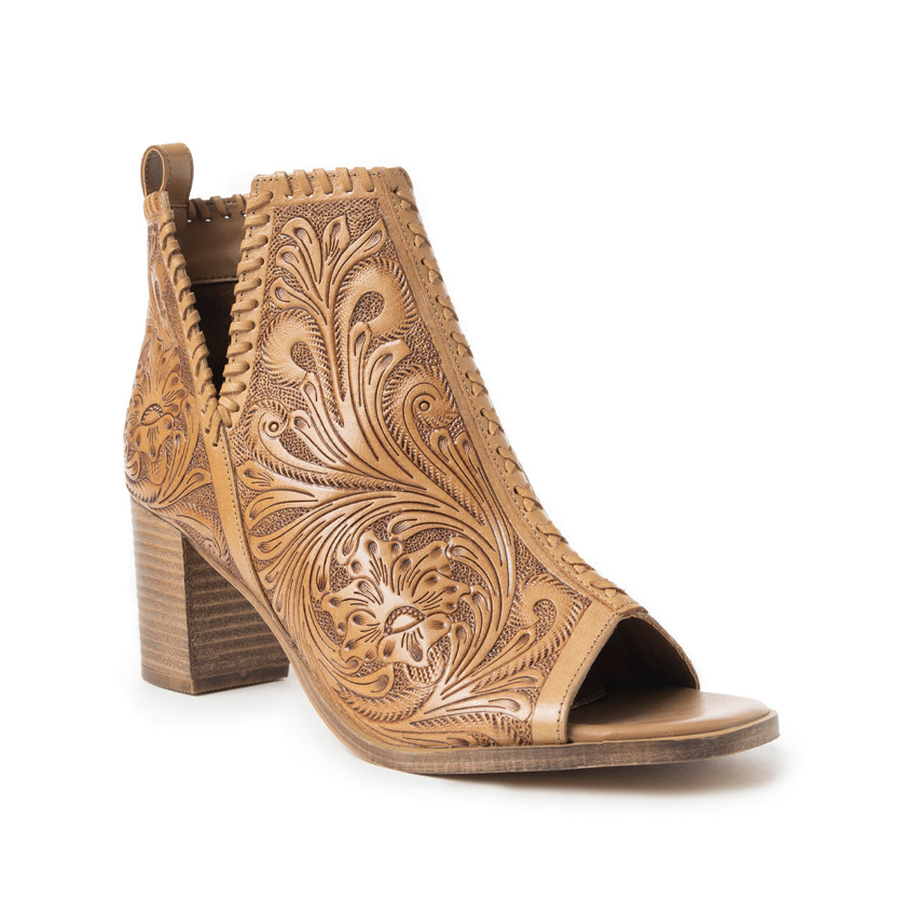 Myra Persimmonee Embossed Leather Heels for Women Open Toe, Mid Block Heel, Western Cowgirl Fashion for Rodeo Evenings