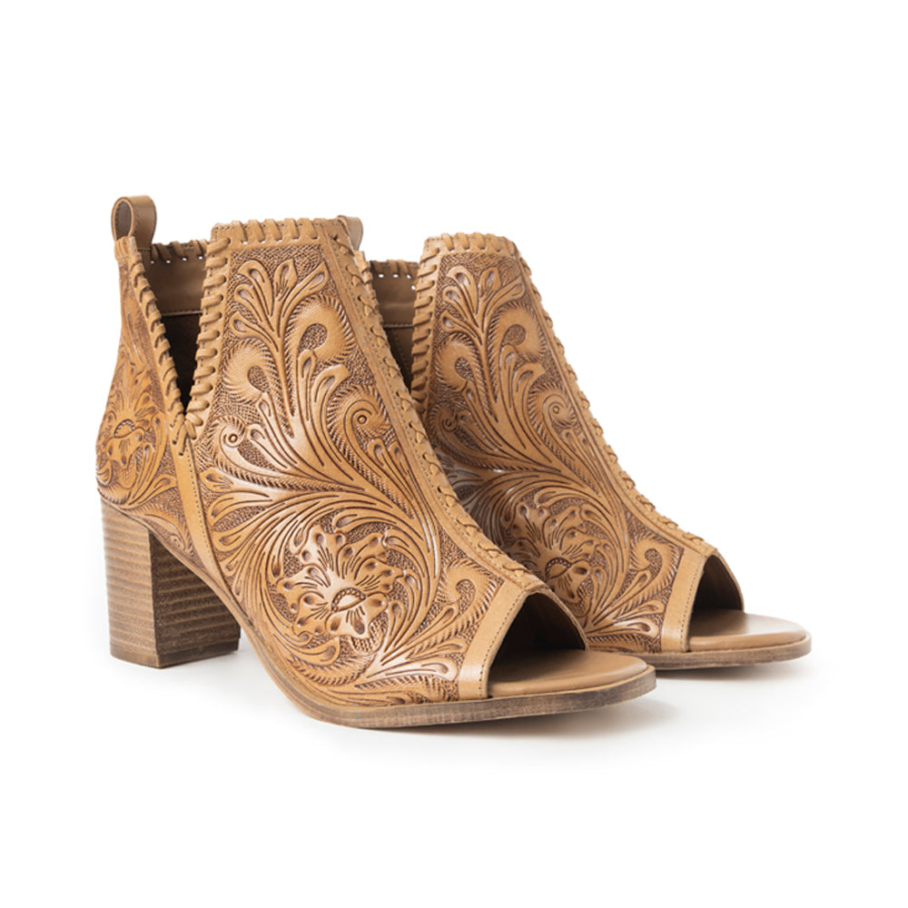 Myra Persimmonee Embossed Leather Heels for Women Open Toe, Mid Block Heel, Western Cowgirl Fashion for Rodeo Evenings