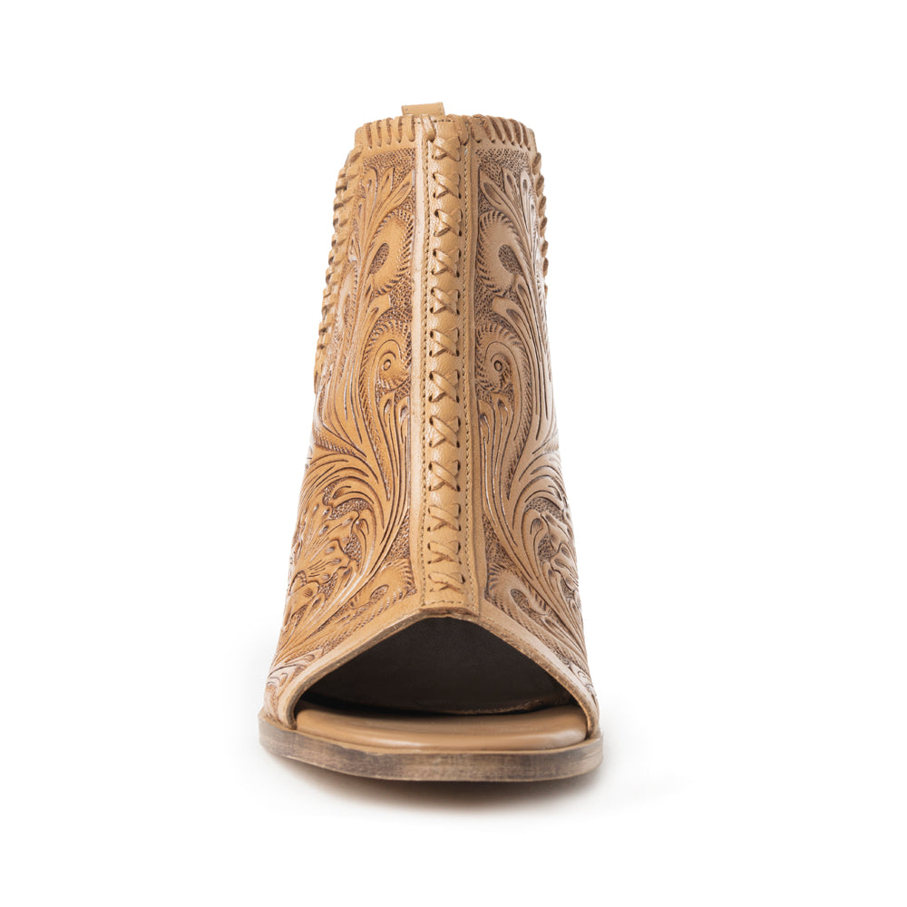 Myra Persimmonee Embossed Leather Heels for Women Open Toe, Mid Block Heel, Western Cowgirl Fashion for Rodeo Evenings