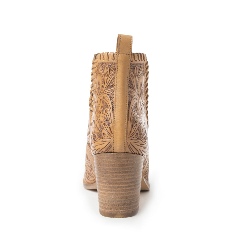 Myra Persimmonee Embossed Leather Heels for Women Open Toe, Mid Block Heel, Western Cowgirl Fashion for Rodeo Evenings