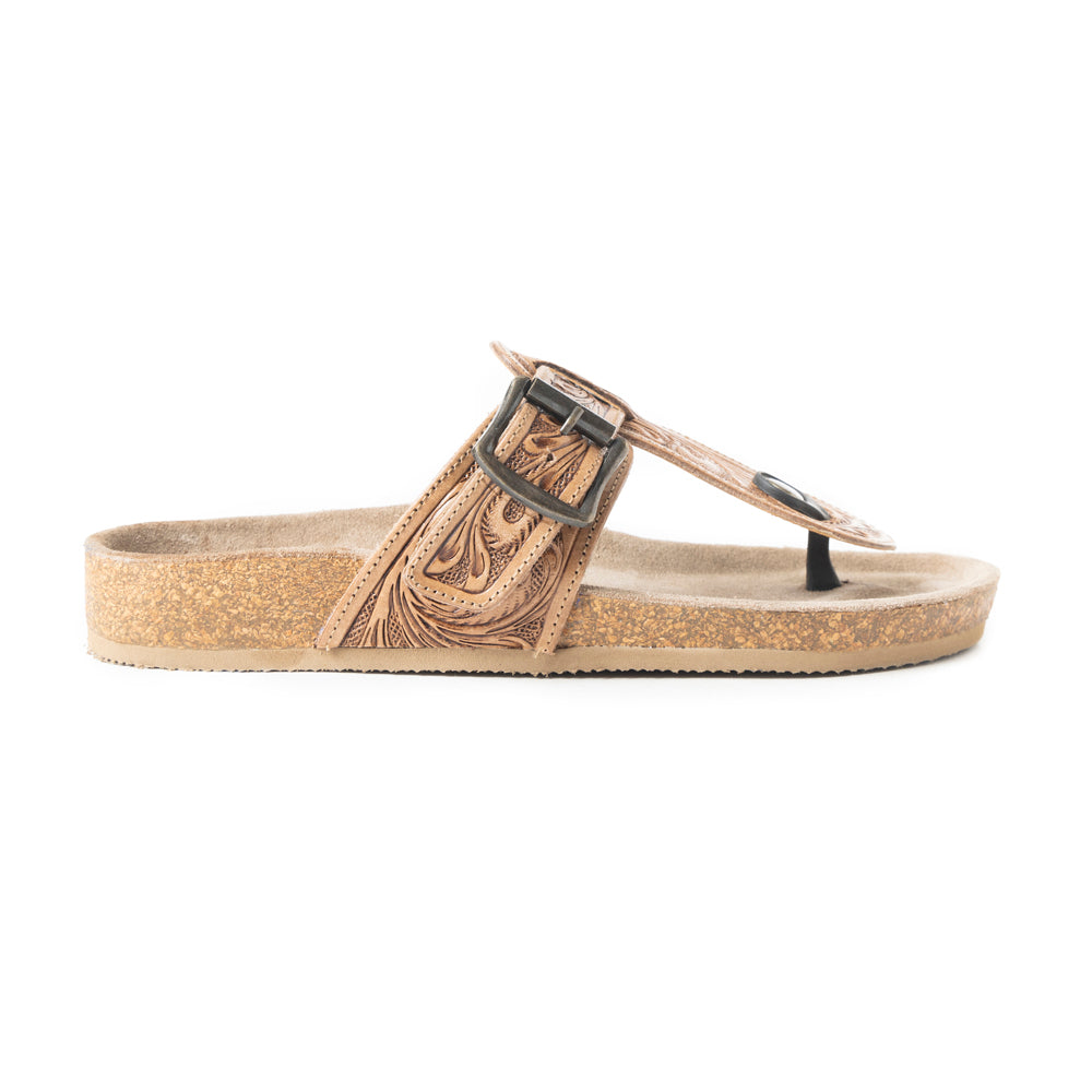 Sandalias Planas de Cuero Myra Balinda Ridge con Correa en T para Mujer - Sandalias Western Grabadas con Suela Acolchada para Comodidad Diaria