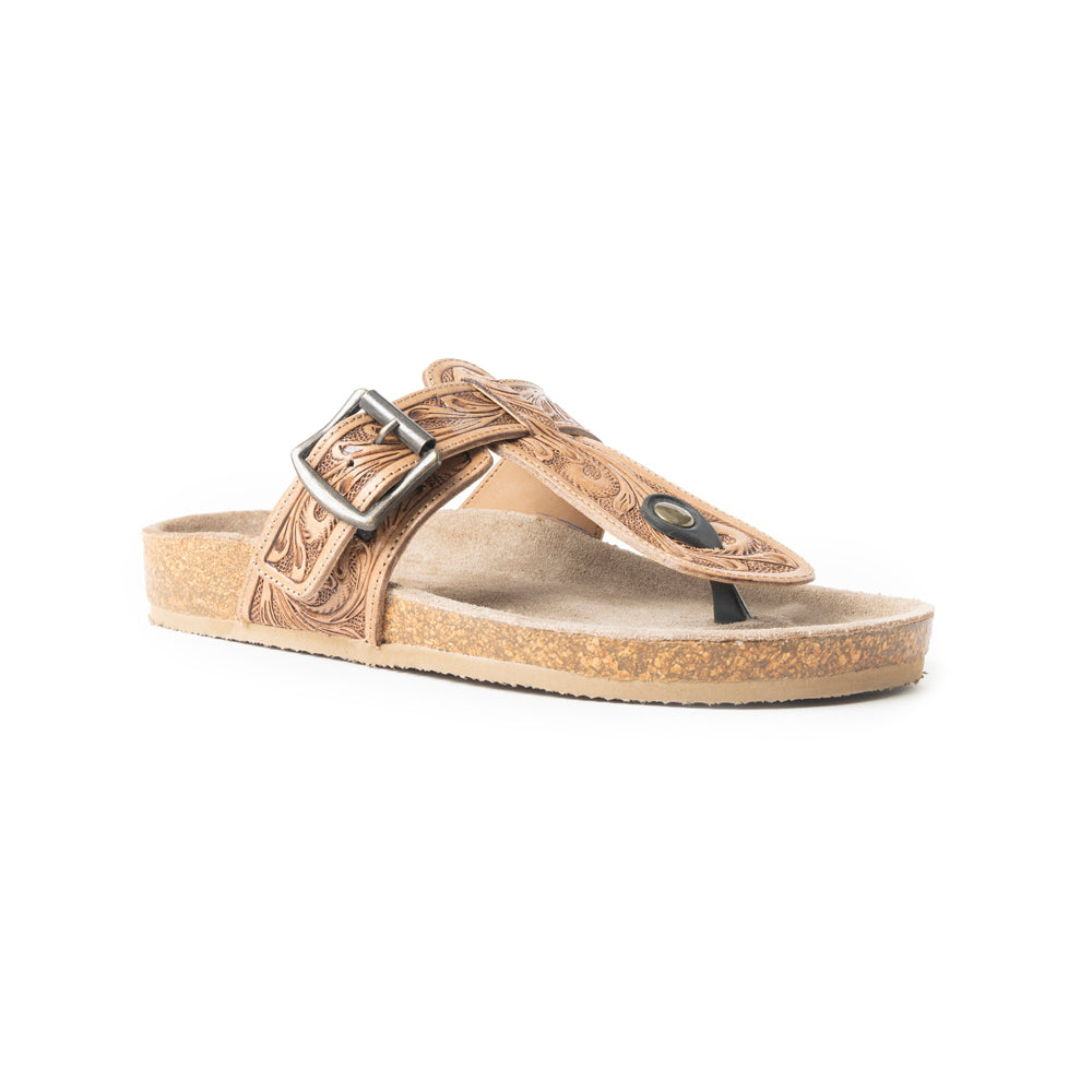 Sandalias Planas de Cuero Myra Balinda Ridge con Correa en T para Mujer - Sandalias Western Grabadas con Suela Acolchada para Comodidad Diaria