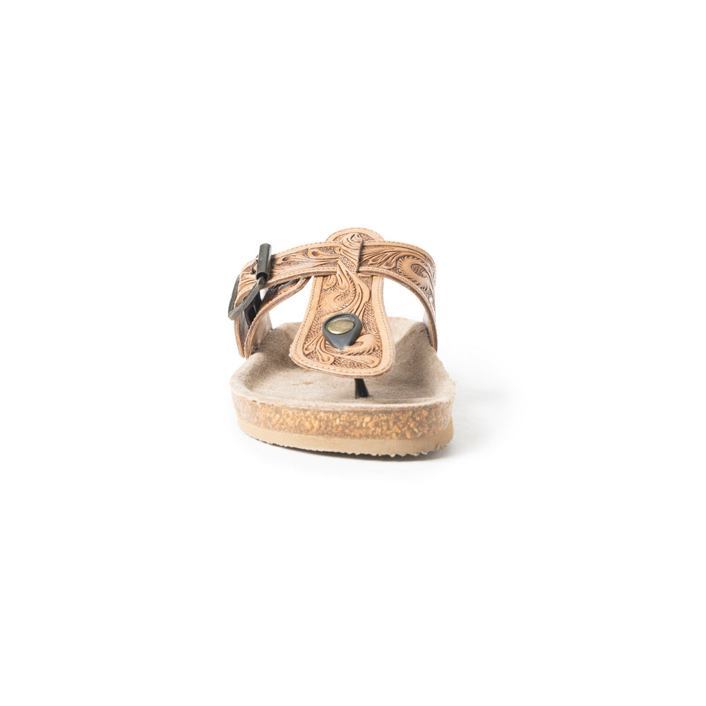 Sandalias Planas de Cuero Myra Balinda Ridge con Correa en T para Mujer - Sandalias Western Grabadas con Suela Acolchada para Comodidad Diaria
