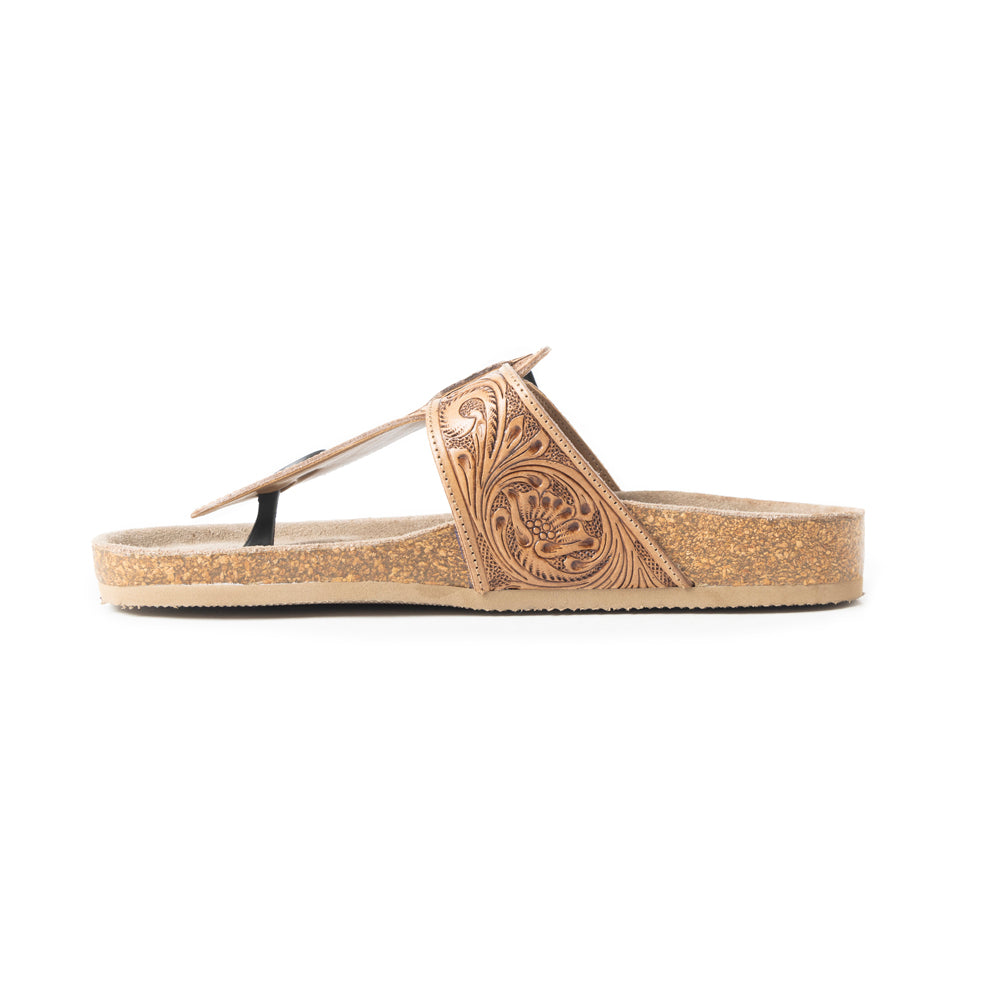 Sandalias Planas de Cuero Myra Balinda Ridge con Correa en T para Mujer - Sandalias Western Grabadas con Suela Acolchada para Comodidad Diaria