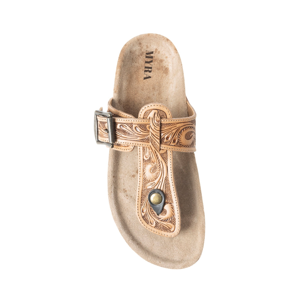 Sandalias Planas de Cuero Myra Balinda Ridge con Correa en T para Mujer - Sandalias Western Grabadas con Suela Acolchada para Comodidad Diaria